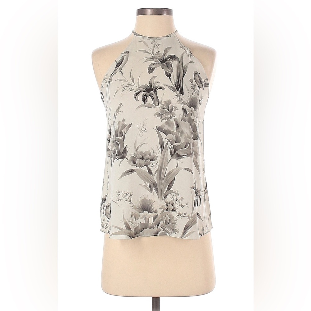 LOFT Tank Top Gray Ecru Bird Print Halter Size Medium Petite